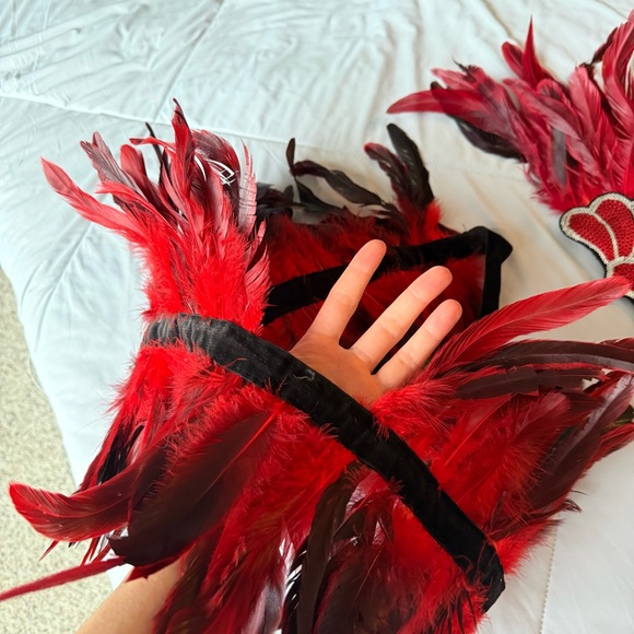 Red Feathered Costume Set Head Piece Sequins and Feathered Skirt Wrap Tie - Picture 3 of 9